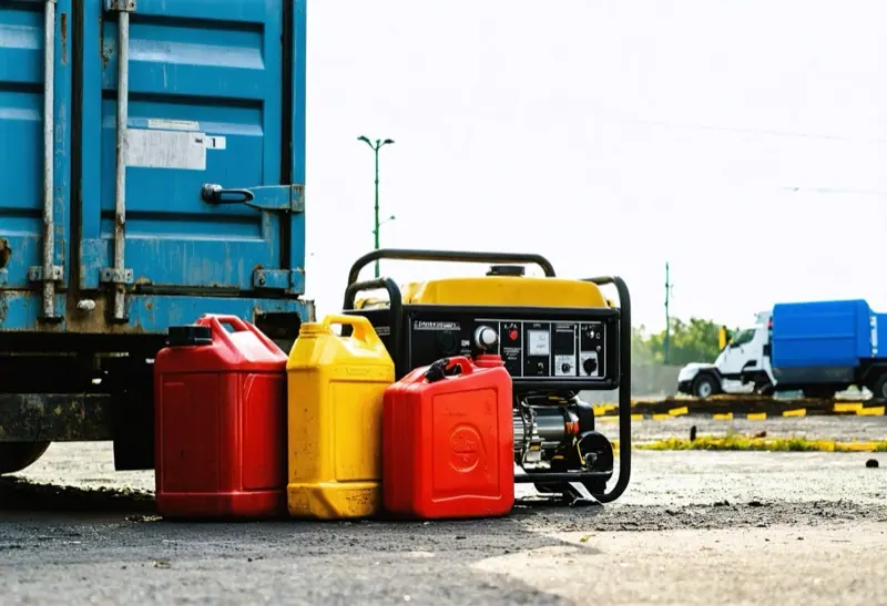 Red and yellow fuel containers beside a portable generator at a work yard