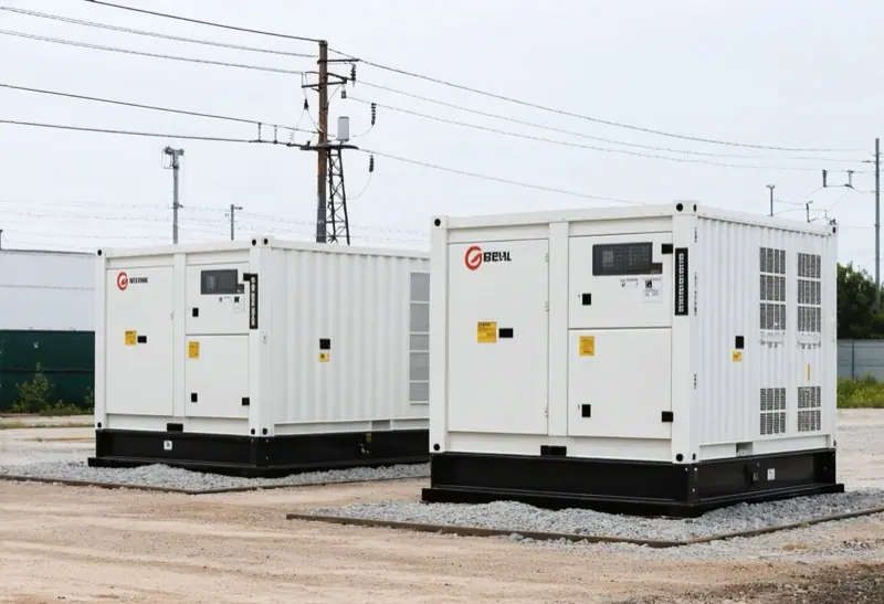 Two white containerized heavy-duty generator sets on a gravel pad