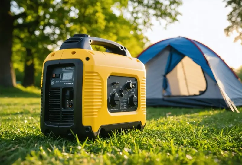Compact yellow inverter generator on grass next to a camping tent