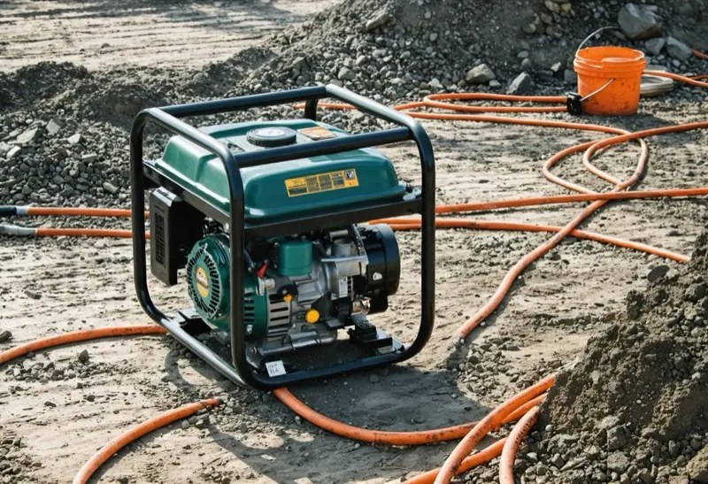 Open-frame portable generator on a job site with orange extension cords on the ground