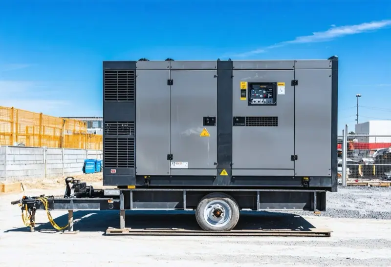 Towable diesel generator in a grey sound-attenuated enclosure on a wheeled trailer