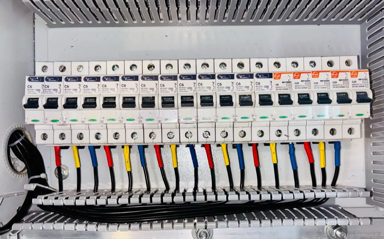 Electrical distribution panel with breakers and colour-coded wiring